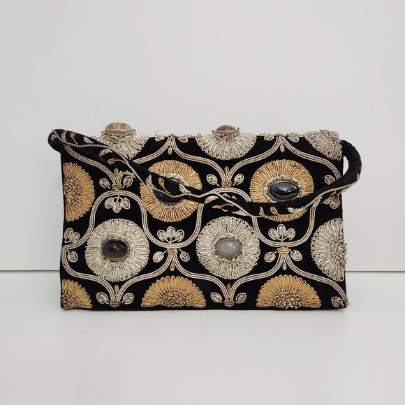 Vintage Evening Bag Jewel Beaded Black Ember Stones Embroidered 60\'s Clutch